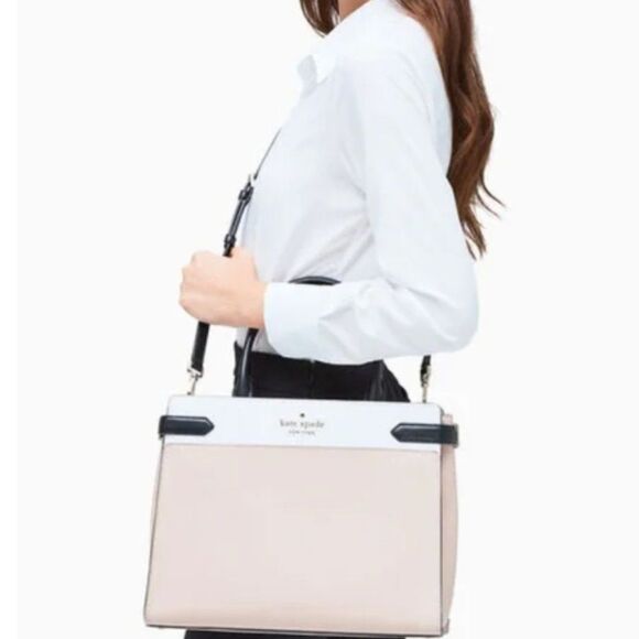 Kate Spade Staci Warm Beige Colorblock Large Satchel Crossbody NWT - Picture 1 of 15